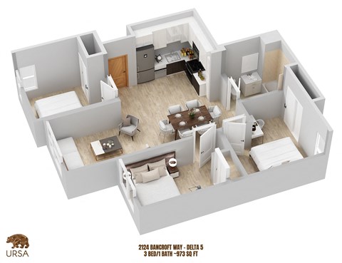 Floor plan for 3 beds, 1 bath, 973 sqft
